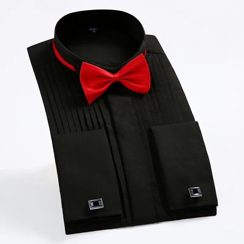 Storazone Black / S Classic Winged Collar Dress Shirt Men's Wingtip Tuxedo Formal Shirts with Red Black Bow Tie Party Dinner Wedding Bridegroom Tops