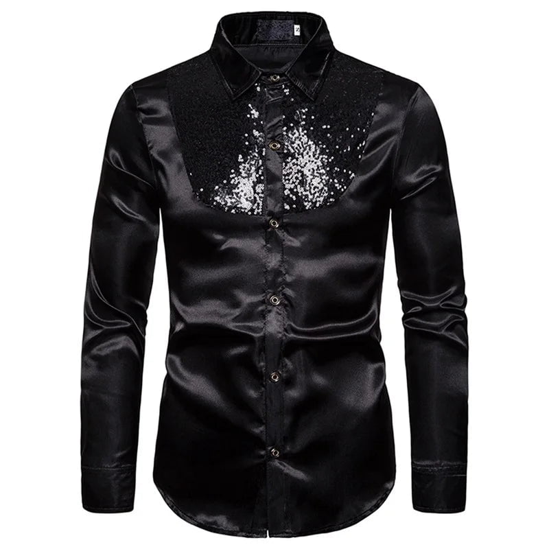 Storazone black / S / Pack of 1 2022 New Men's Shirt Sequined Performance Nightclub Men's Host MC Men's Lapel Long Sleeve Solid Color Shirt Mens Dress Shirts