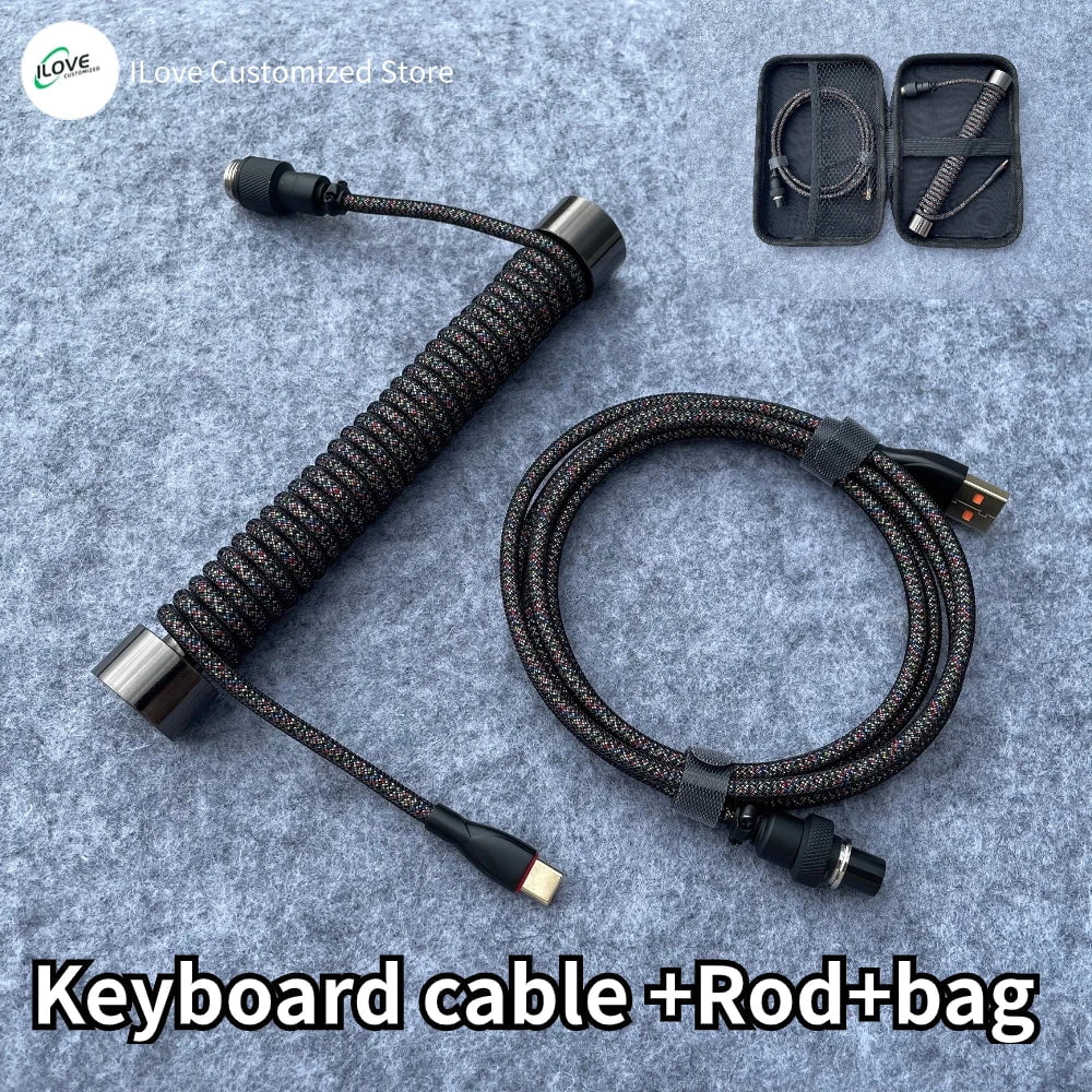 Storazone Black Sands / 1.8m Coiled Keyboard Cable USB C for Mechanical Gaming Keyboard Double-Sleeved Wire with Detachable Metal Aviator Connector Charging