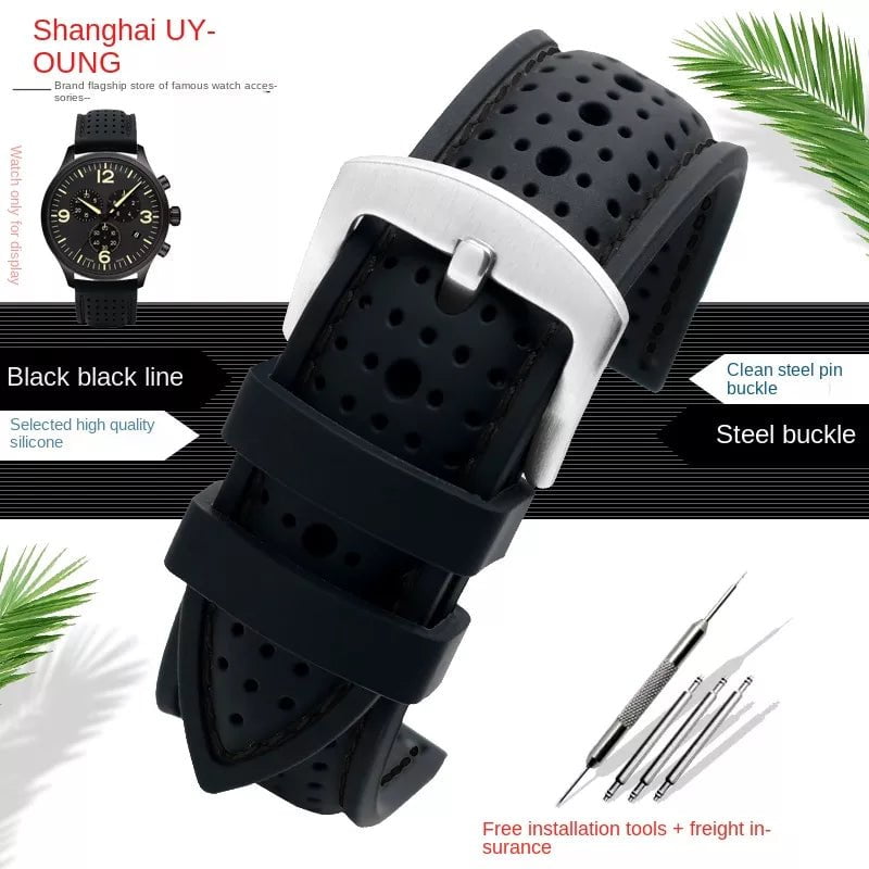 Storazone Black silver / 19mm / China New Breathable Silicone Sports watchBand 18mm 20mm 22mm 24mm For any watch rubber Wrist strap Soft waterproof men's Accessories