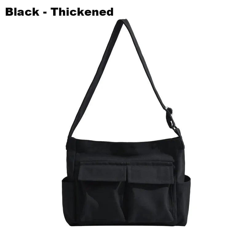 Storazone Black-Thickened Women Vintage Handbag Canvas Teenager Shoulder Tote Bags Messenger Bags Ladies Casual Handbag Crossbody Purse