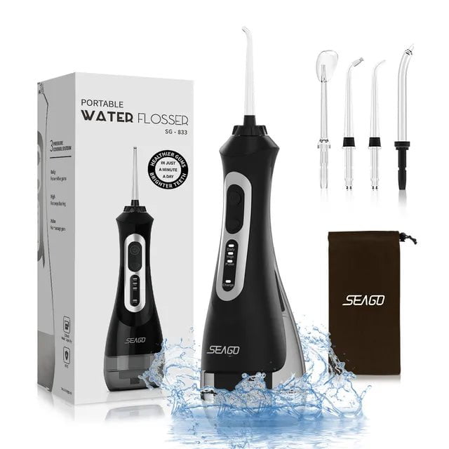 Storazone Black / United Arab Emirates SEAGO New Oral Dental Irrigator Portable Water Flosser USB Rechargeable 3 Modes IPX7 200ML Water for Cleaning Teeth SG833