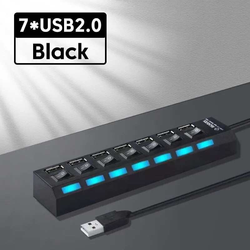 Storazone Black USB 2.0 Hub Multi USB Splitter Ports Hub Use Power Adapter4/ 7 Port Multiple Expander Hub with Switch 30CM Cable For Home