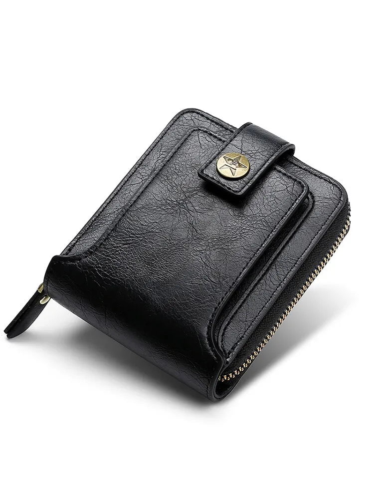 Storazone Black Vintage Men Pu Leather Small Wallet Short Horizontal Zipper Buckle Coin Pocket Tri-fold Card Case Purse