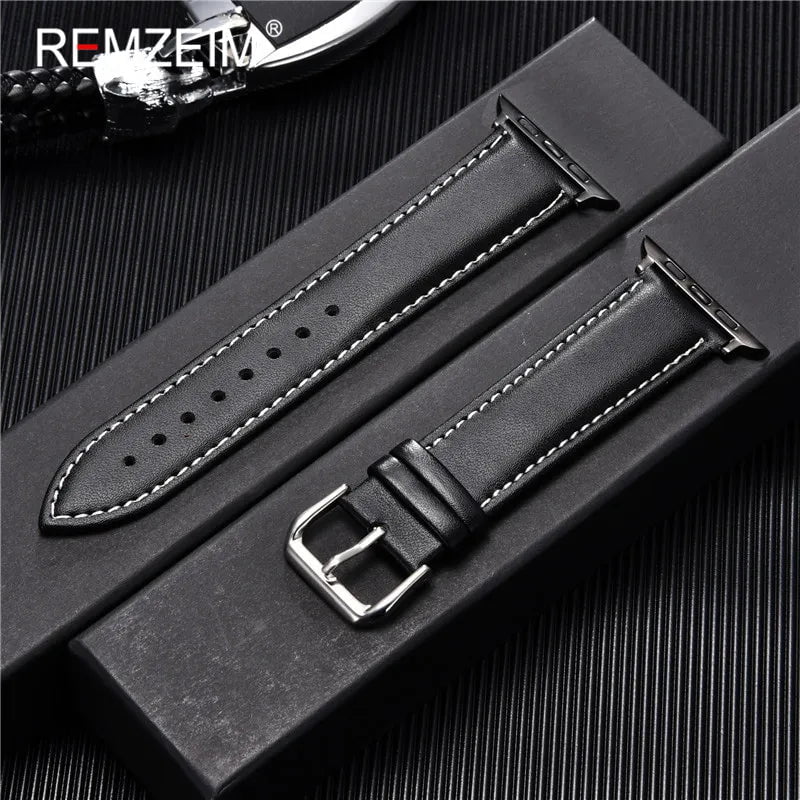 Storazone Black-W-B / 38mm or 40mm or 41mm Calfskin Genuine Leather Watchband 38mm 40mm 41mm for iwatch 8 7 6 5 4 3 SE Replace Wrist Strap 42mm 44mm 45mm for Apple Watch