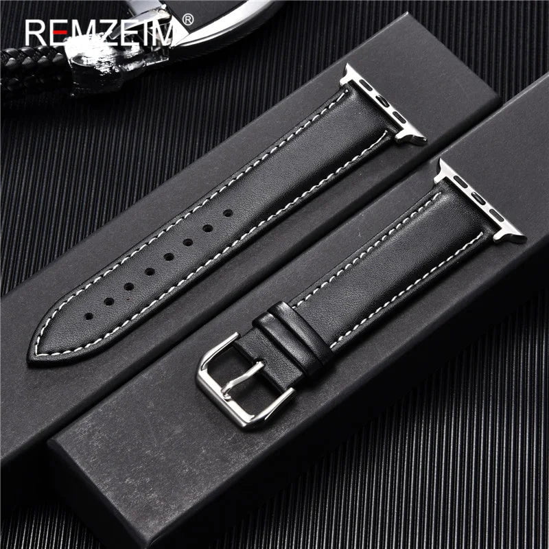 Storazone Black-W-S / 38mm or 40mm or 41mm Calfskin Genuine Leather Watchband 38mm 40mm 41mm for iwatch 8 7 6 5 4 3 SE Replace Wrist Strap 42mm 44mm 45mm for Apple Watch