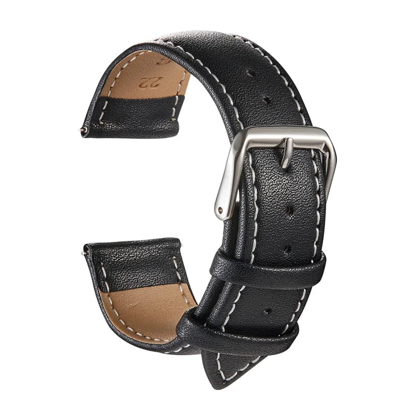 Storazone Black White Line / 20mm Genuine Leather Watchbands Calfskin Replace Wristwatch Straps 18mm 20mm 22mm 24mm Watch Accessories Men Women Soft Watchband