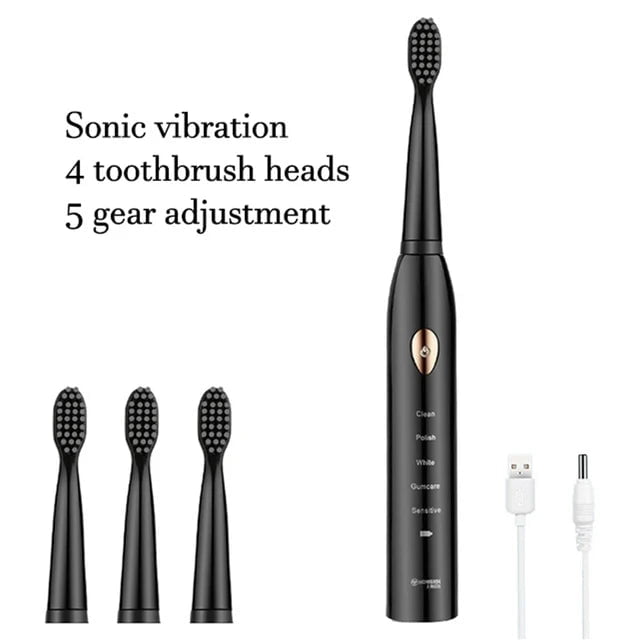 Storazone Black with 4 Brush / CHINA Ultrasonic Sonic Electric Toothbrush For Adult Rechargeable Tooth Brushes Washable Electronic Whitening Teeth Brush Timer Brush