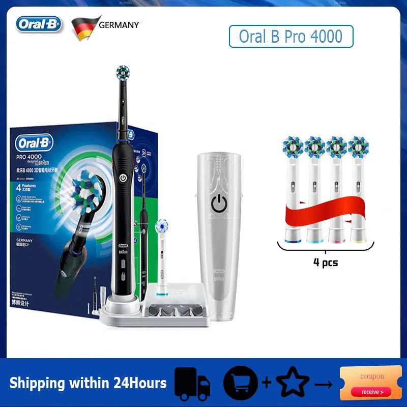 Storazone Black with 4H 1 Oral B Electric Toothbrush Pro 4000 3D Action Daily Clean Teeth Visible Pressure Sensor 4 Modes Gum Cares Waterproof Rechargeabl