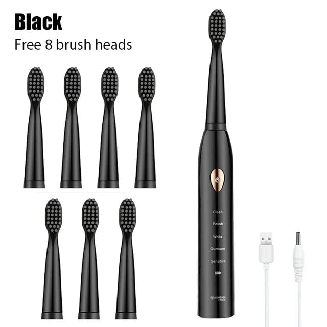 Storazone Black with 8 Brush / CHINA Ultrasonic Sonic Electric Toothbrush For Adult Rechargeable Tooth Brushes Washable Electronic Whitening Teeth Brush Timer Brush