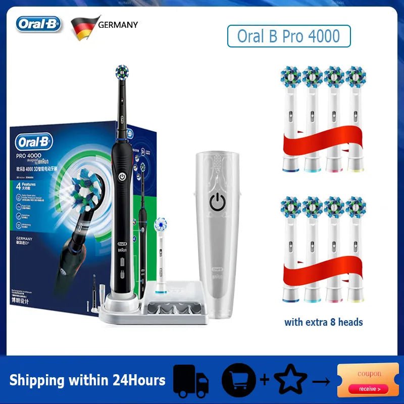 Storazone Black with 8H Oral B Electric Toothbrush Pro 4000 3D Action Daily Clean Teeth Visible Pressure Sensor 4 Modes Gum Cares Waterproof Rechargeabl