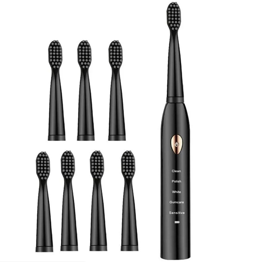 Storazone Black with 8head 1 Powerful Ultrasonic Sonic Electric Toothbrush USB Charge Rechargeable Tooth Brush Washable Electronic Whitening Teeth Brush J110