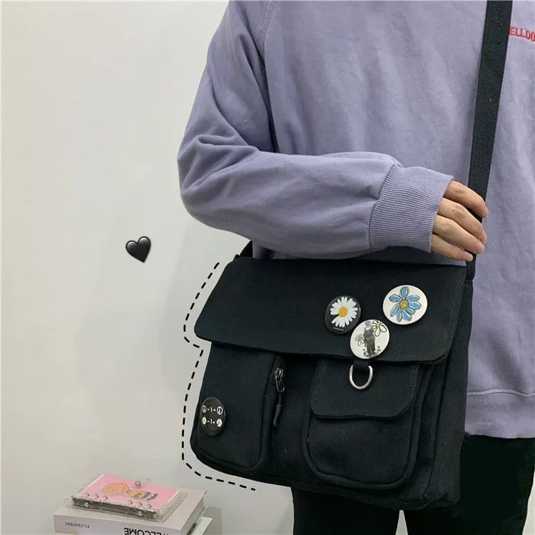 Storazone Black with Badge / 33x26x9cm Canvas Crossbody Bags Youth Fashion Casual Large Capacity Ladies Shoulder Bag Solid Color Women Messenger Bag