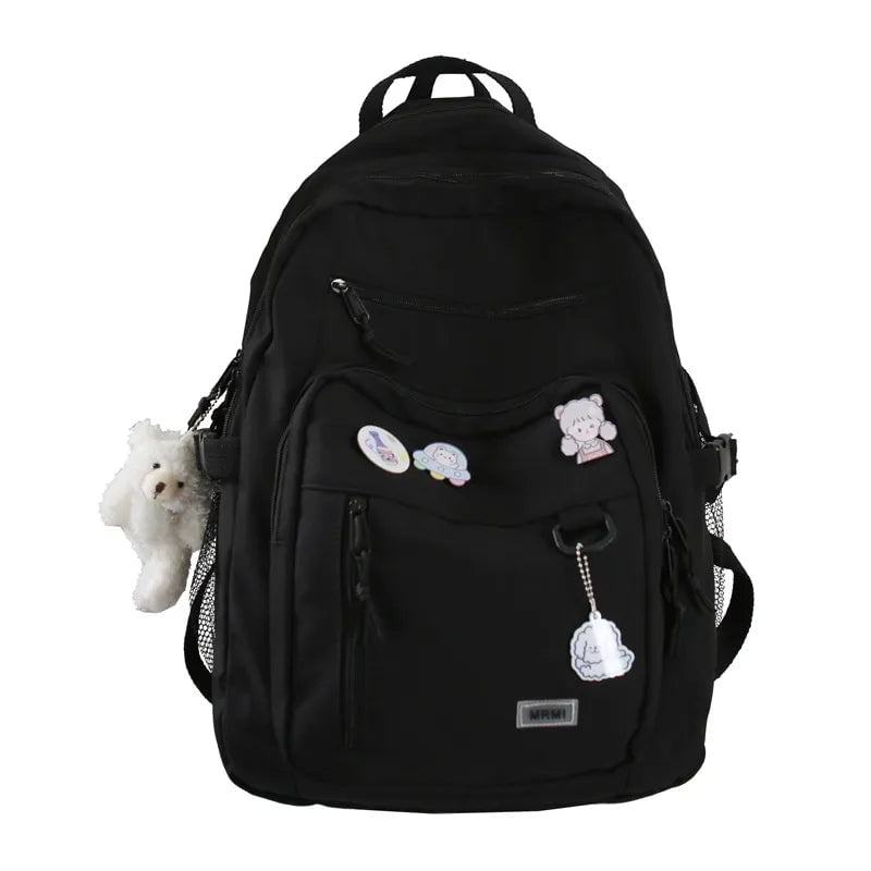 Storazone Black With bear doll Fashion Big Student Backpack NEW Badge Rucksack Girls School Bag High Capacity Women Backpack Female Cute Leisure Travel Mochila