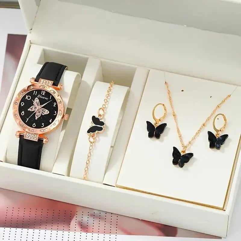 Storazone Black Women Luxury Watch Ring Necklace Earrings Rhinestone Butterfly Fashion Wristwatch Female Casual Ladies Watches Set Clock