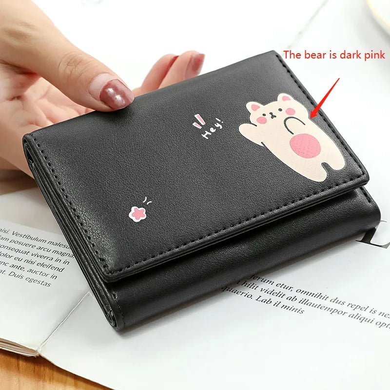 Storazone black Women Short Cute Small Wallets Student Triple Fold Card Holder Girl ID Bag Card Holder Coin Purse Ladies Wallets Cartoon Bags