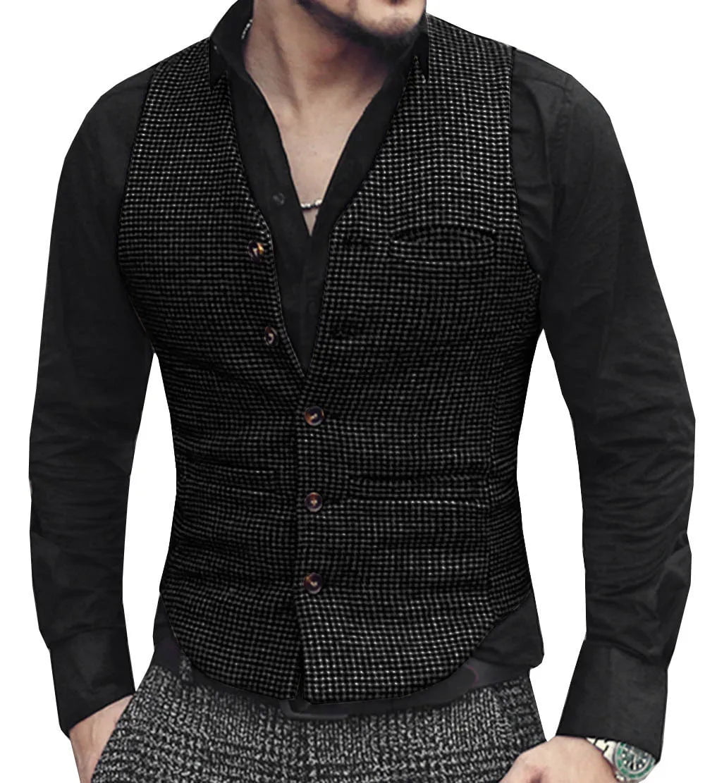 Storazone Black / XS Mens Suit Vest V Neck Wool Brown Single-breasted Houndstooth Waistcoat Casual Formal Business Groomman For Wedding