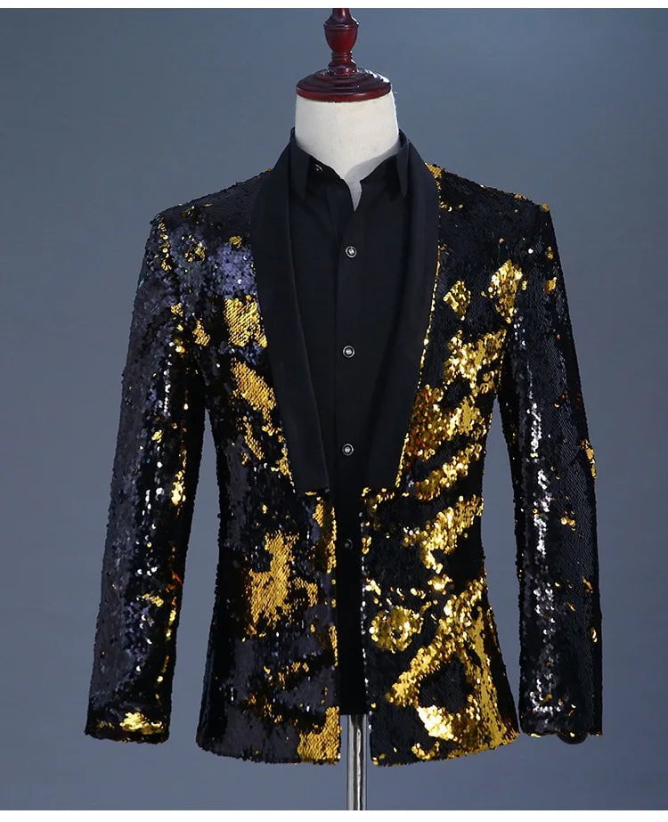 Storazone BlackCollarBlackGold / Asian XXL Luxury Royal Blue Sequin Dress Blazer Men Nightclub Stage Shawl Collar Mens Suit Jacket Wedding Party Stage Blazer Masculino 2XL