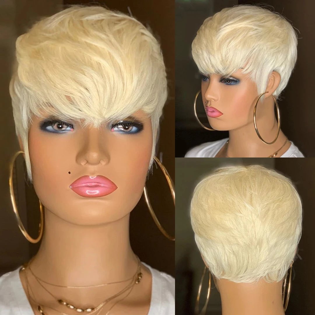 Storazone Blonde Color / france / 6inches | 150% Red Short Bob Pixie Cut Wigs For Women Human Hair Brazilian Bone Straight Cheap Full Machine Made Human Hair Wigs With Bangs
