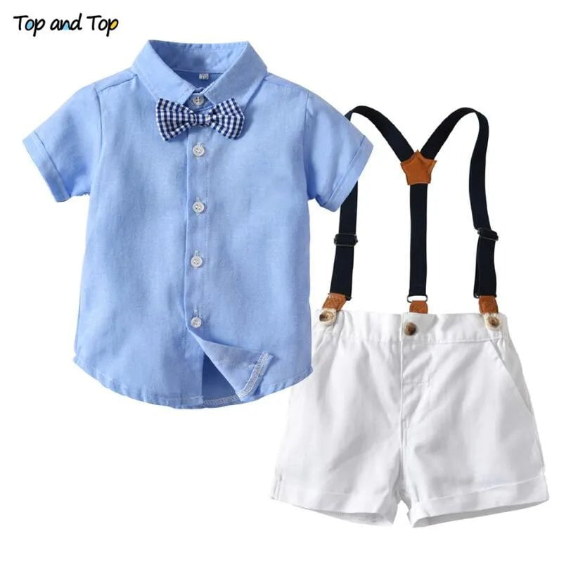 Storazone Blue / 18M Top and Top Summer Fashion Children Boys Clothes Sets Short Sleeve Striped Shirt+Overalls Casual Gentleman Suit Bebe