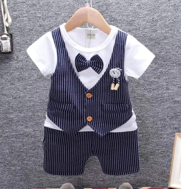 Storazone Blue / 24M Summer Kids Baby Boy Bow Tie Formal Clothing Set Children Gentleman Short Shirt + Pants 2PCS Toddler Boys Clothes Outfits