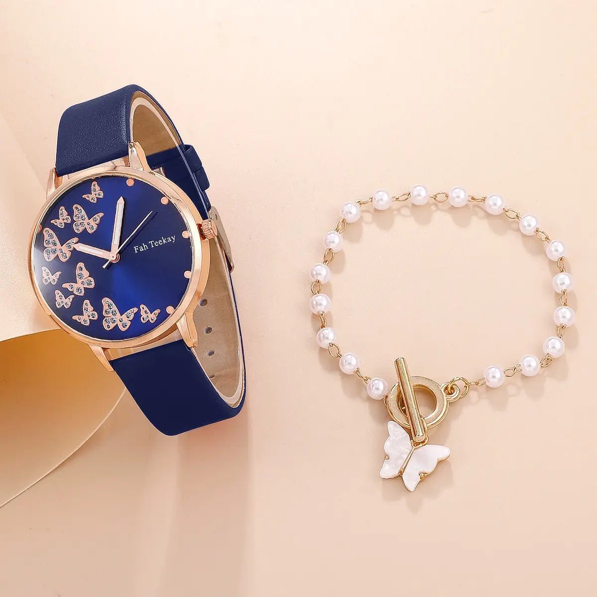 Storazone Blue 2pcs Set Womens Butterfly Watches Ladies Fashion Watch New Simple Casual Women Analog WristWatch Bracelet Gift