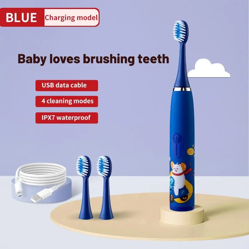 Storazone Blue 3 Head Children's Electric Toothbrush Colorful Cartoon With Replacement Heads Ultrasonic Rechargeable Soft Hair Cleaning Brush for Kids