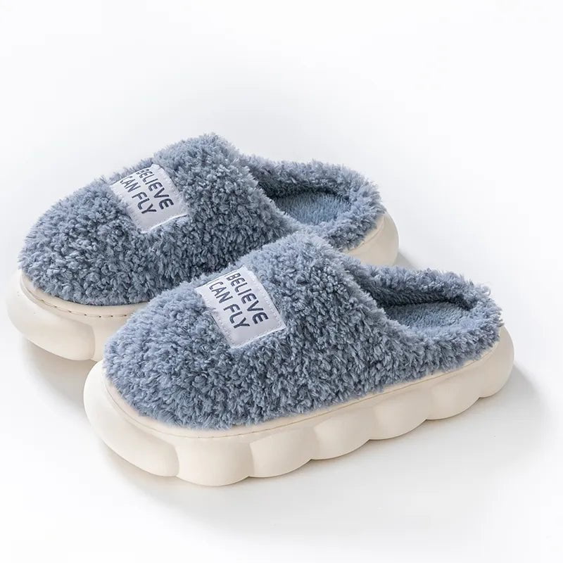 Storazone Blue / 36-37 Thick Sole Home Indoor Outside Men And Women Couples Winter Household Warm Fluffy Slippers High Heels Plush Cotton Shoes Ladies