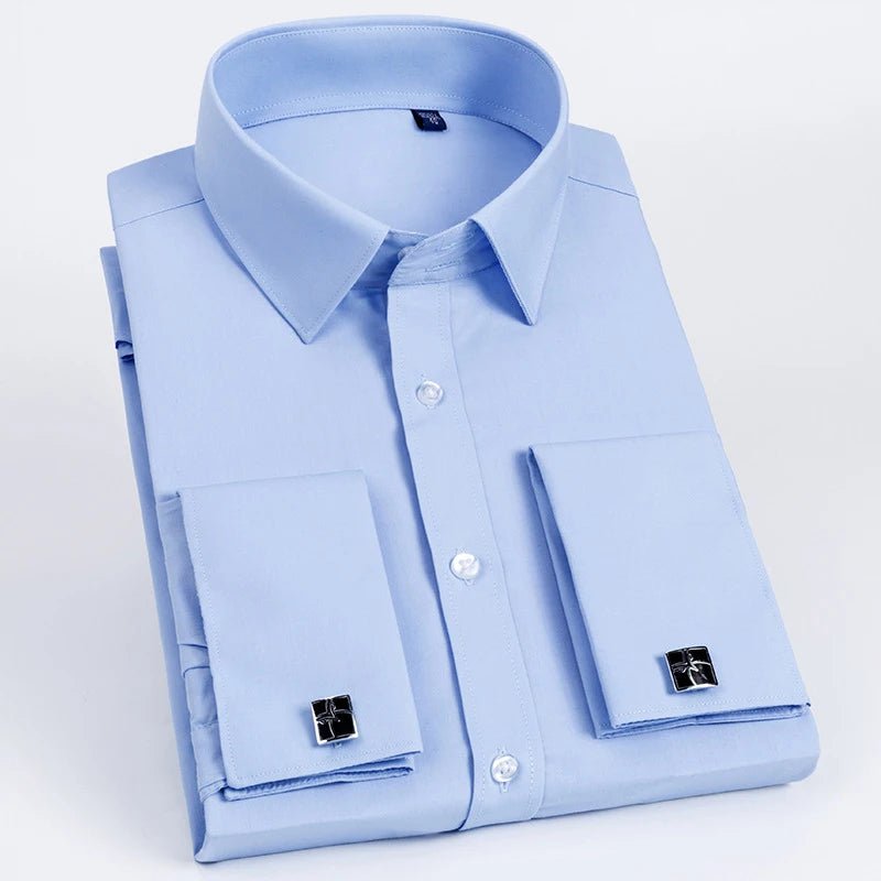 Storazone Blue / 38 Men's French Cuff Dress Shirt Long Sleeve Slim Fit Tuxedo Shirts  with Cufflinks Poly/Cotton Double Button Collar