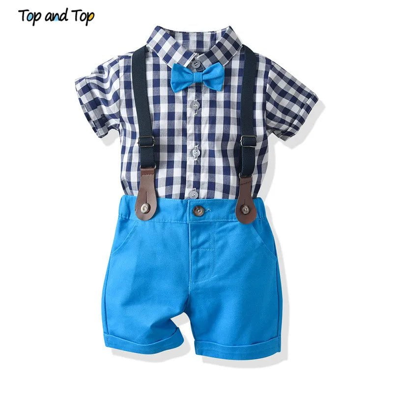 Storazone Blue / 3M Top and Top Baby Boys Clothes Set Summer Toddler Plaid Short Sleeve Shirt Tops+Suspenders Shorts Gentleman Suit for Wedding