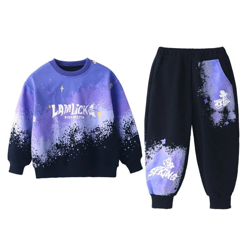 Storazone Blue / 4-5Y(110CM) / CHINA Spring Teenage Boy Clothes Set Letter Gradient Sweatshirt Pullover and Pants Suit Children's Boys Top and Bottom 2pcs Tracksuit