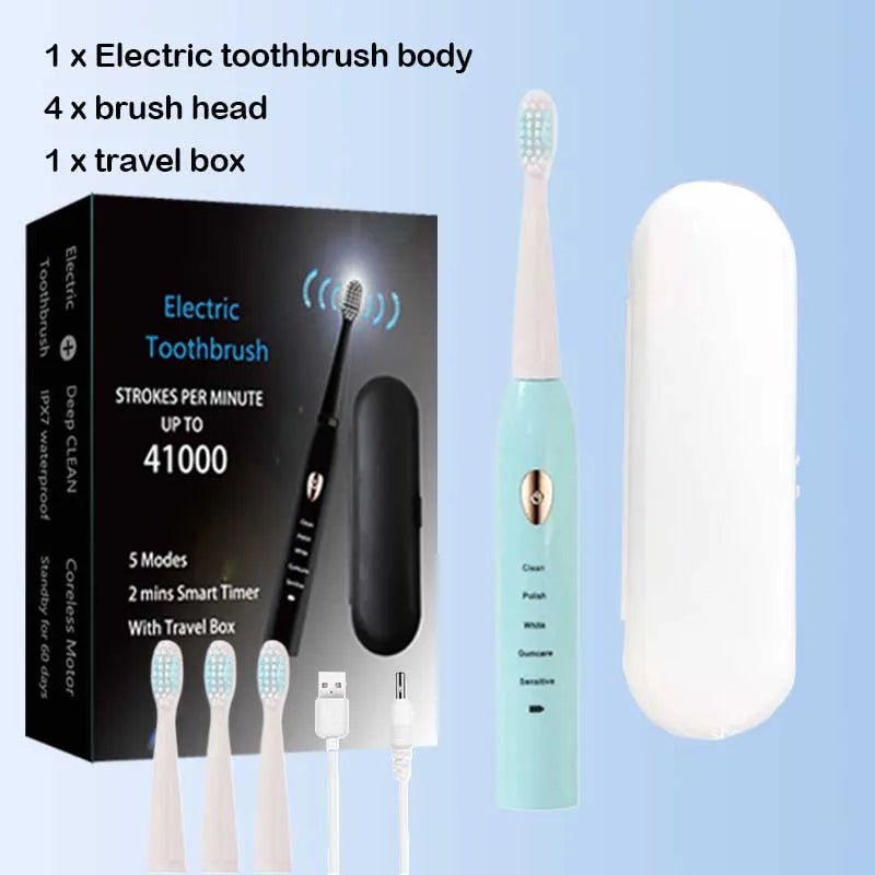 Storazone Blue 4head 1BOX / CHINA Ultrasonic Sonic Electric Toothbrush For Adult Rechargeable Tooth Brushes Washable Electronic Whitening Teeth Brush Timer Brush