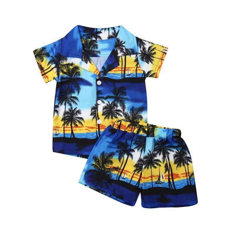 Storazone Blue / 4T Summer Hawaiian Style 2Pcs Kids Baby Boys Clothes Outfits Holiday Coconut Tree Print Short Sleeve Shirts+Shorts Boy Sets 1-6Y