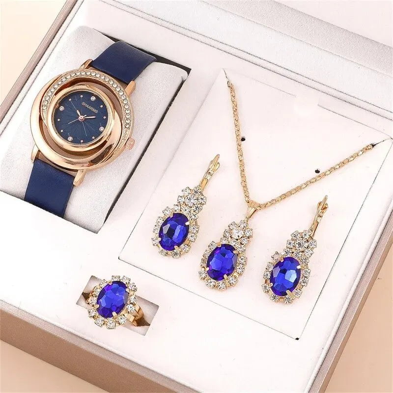 Storazone Blue 5PCS Set Luxury Watch Women Ring Necklace Earring Rhinestone Fashion Wristwatch Casual Ladies Watches Set Clock