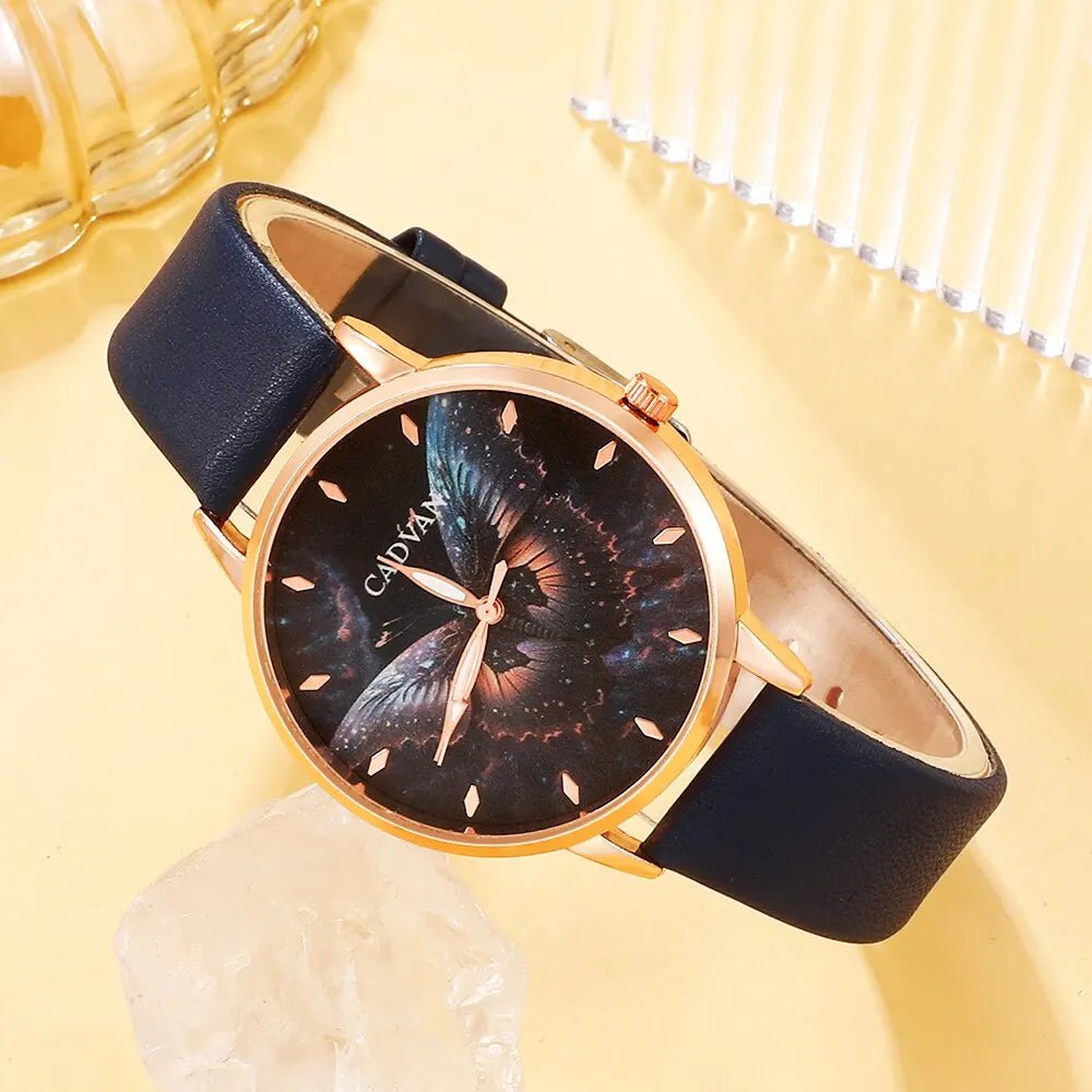 Storazone Blue 5PCS Set Women Fashion Butterfly Quartz Watch Brand Design Female Clock Leather Band Ladies Casual Wrist Watch Reloj Mujer