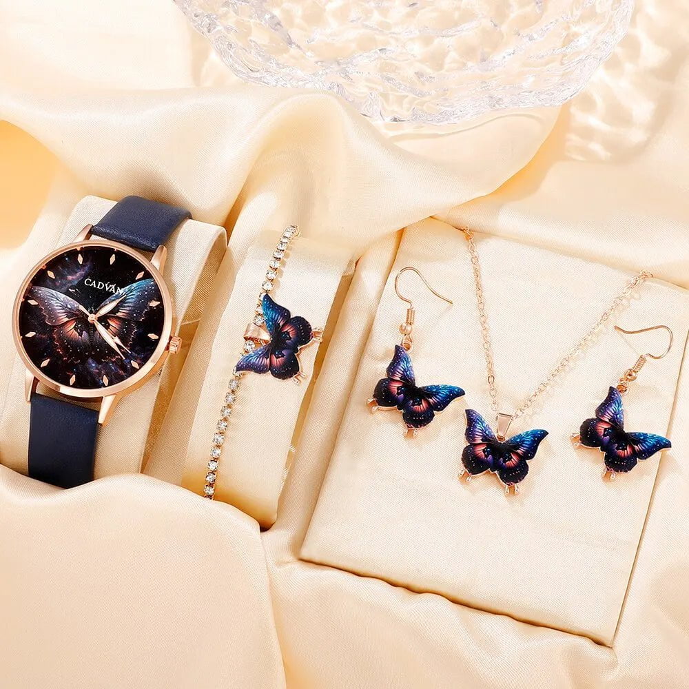 Storazone Blue 5PCS Set Women Fashion Butterfly Quartz Watch Brand Design Female Clock Leather Band Ladies Casual Wrist Watch Reloj Mujer