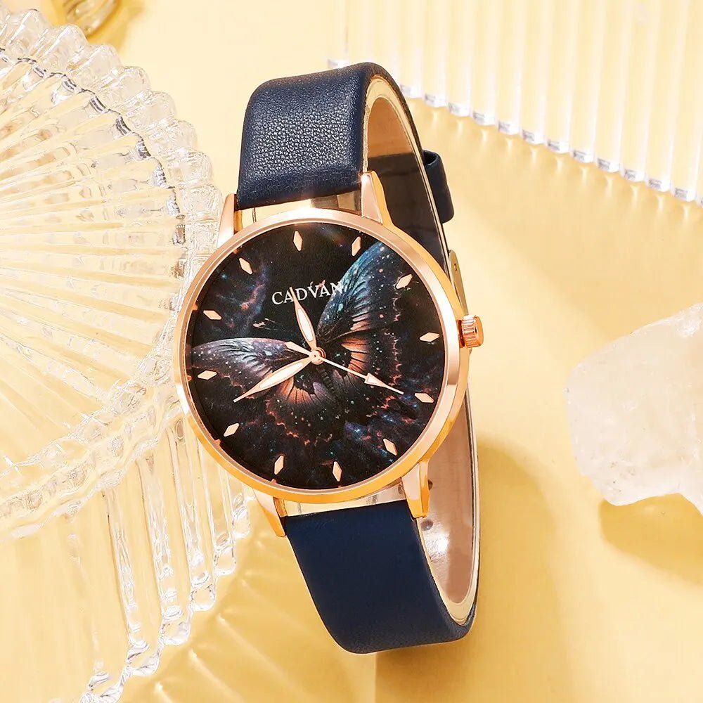 Storazone Blue 5PCS Set Women Fashion Butterfly Quartz Watch Brand Design Female Clock Leather Band Ladies Casual Wrist Watch Reloj Mujer