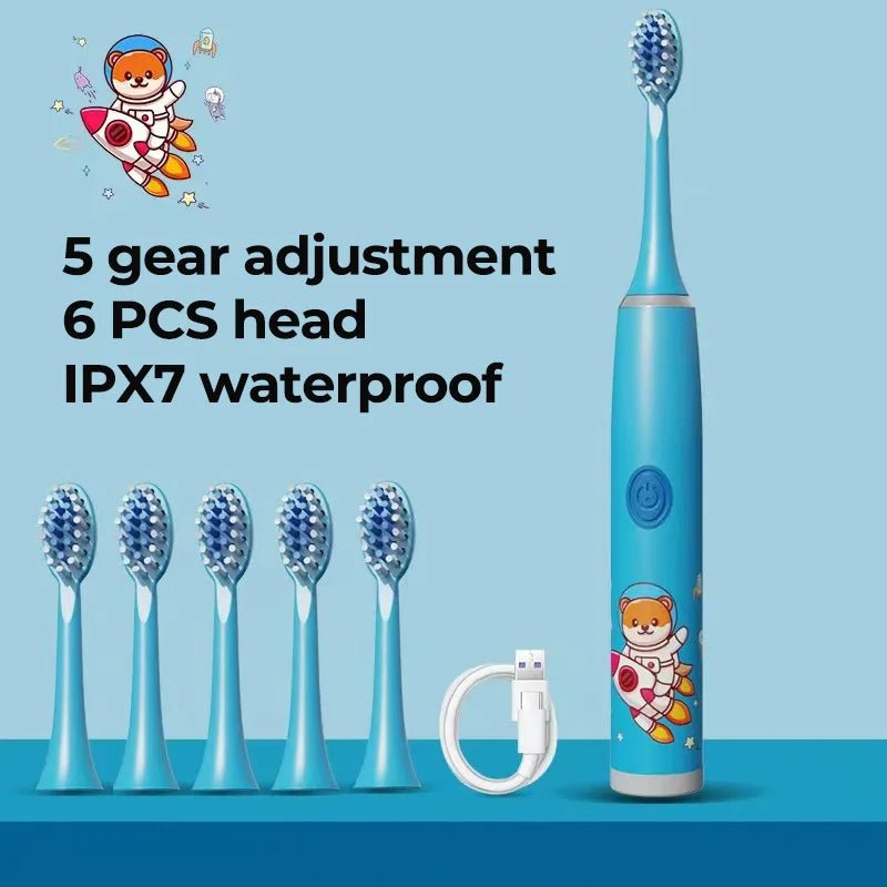 Storazone Blue 6 Head 1 Children Sonic Electric Toothbrush Colorful Cartoon For Kids Rechargeable Soft Fur Automatic Waterproof With Replacement Head