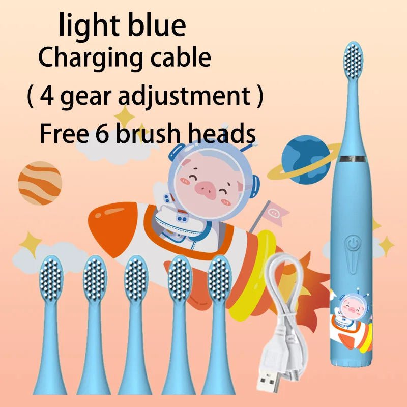 Storazone Blue 6 Head Children Sonic Electric Toothbrush Colorful Cartoon For Kids Rechargeable Soft Fur Automatic Waterproof With Replacement Head