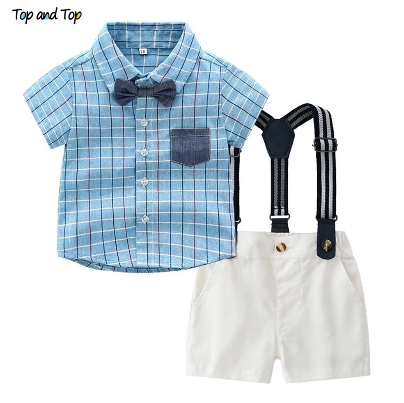 Storazone Blue / 6M Baby Boy Gentleman Clothes Set Summer Suit For Toddler Striped Shirt with Bow Tie+Suspenders White Shorts Formal Boys Clothes