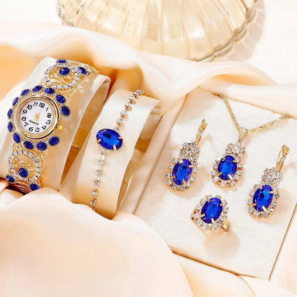 Storazone Blue 6PCS Set Luxury Womens Bracelet Quartz Watches For Women Magnetic Watch Ladies Sports Dress Blue Wrist Watch Clock Relogio