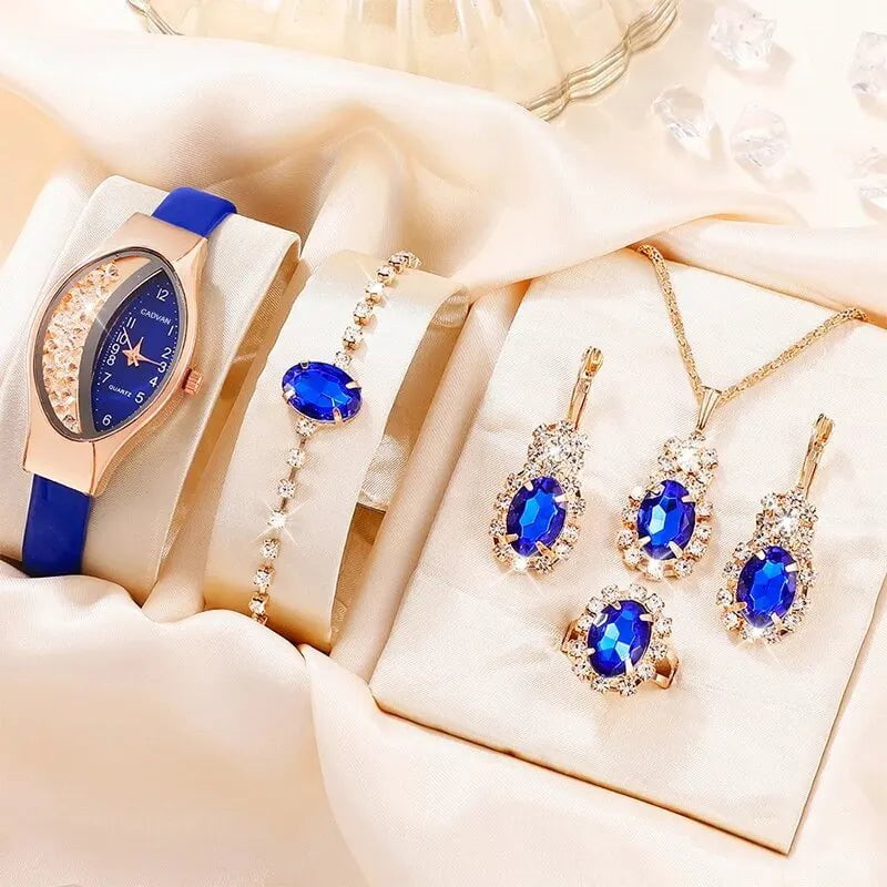 Storazone Blue 6PCS Set Women Fashion Quartz Watch Female Clock Rhinestone Dial Luxury Brand Design Women Watches Simple Ladies WristWatch