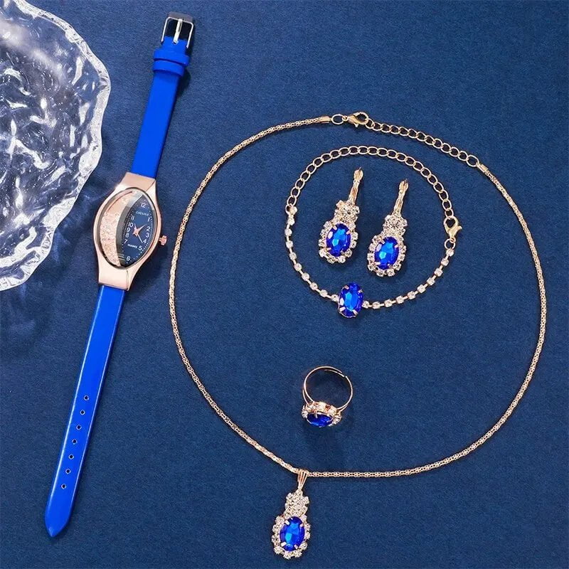 Storazone Blue 6PCS Set Women Fashion Quartz Watch Female Clock Rhinestone Dial Luxury Brand Design Women Watches Simple Ladies WristWatch