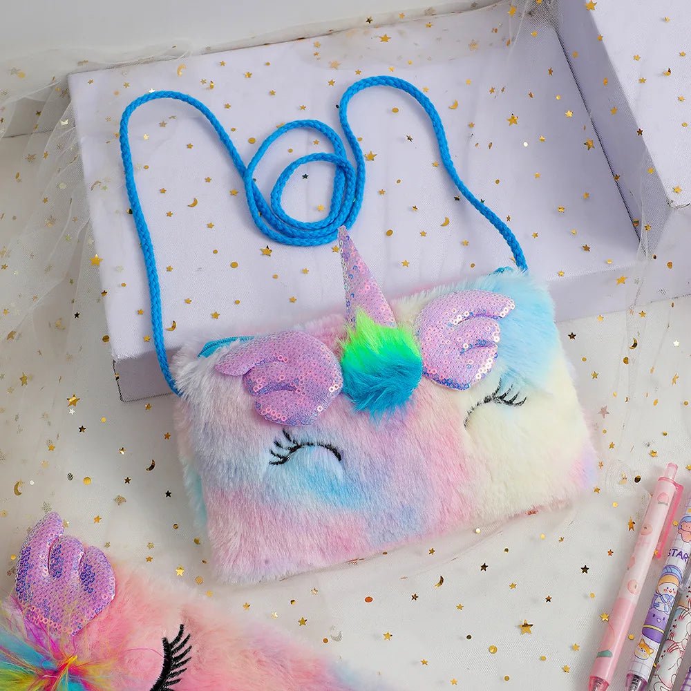 Storazone blue colorful Plush Unicorn Square Squint Shoulder Bag Cartoon Children's Plush Crossbody Bag Kindergarten Girls' Zero Wallet