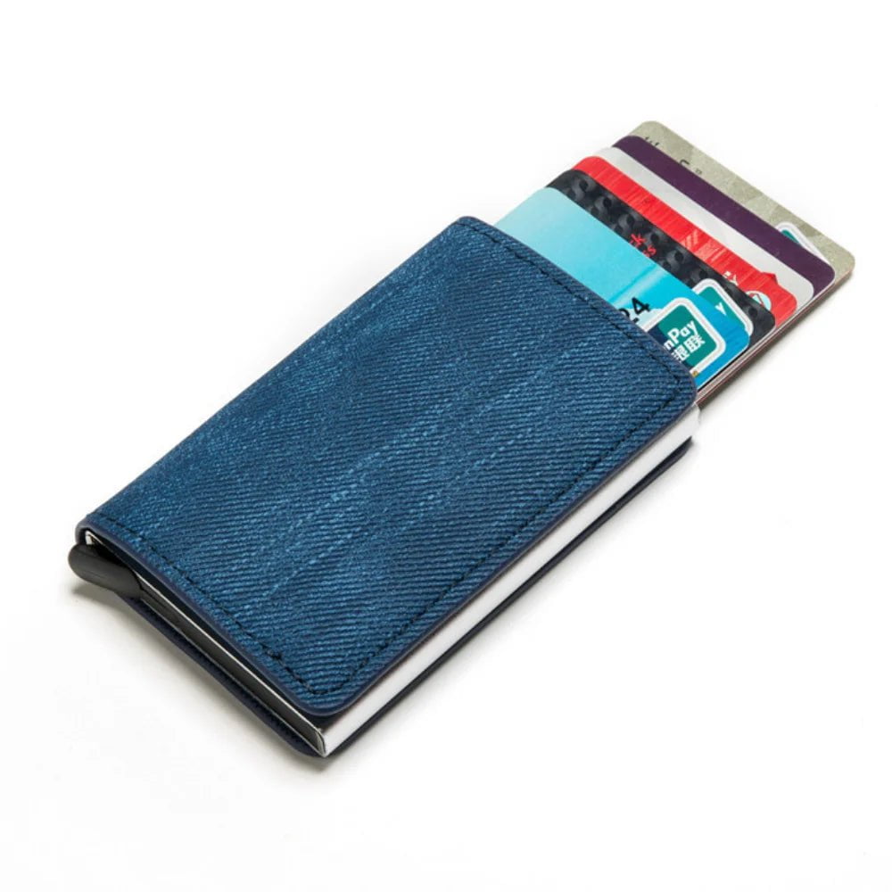 Storazone Blue Denim Credit Card Holder Men Wallet RFID Blocking Protected Aluminium Box PU leather Wallets with Money Clip Designer pasjeshouder