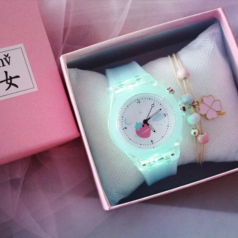 Storazone Blue Girls Kids Children Luminous Student Colorful LED Light Women Lady Clock Silica Gel Watermelon Quartz Wrist Watch
