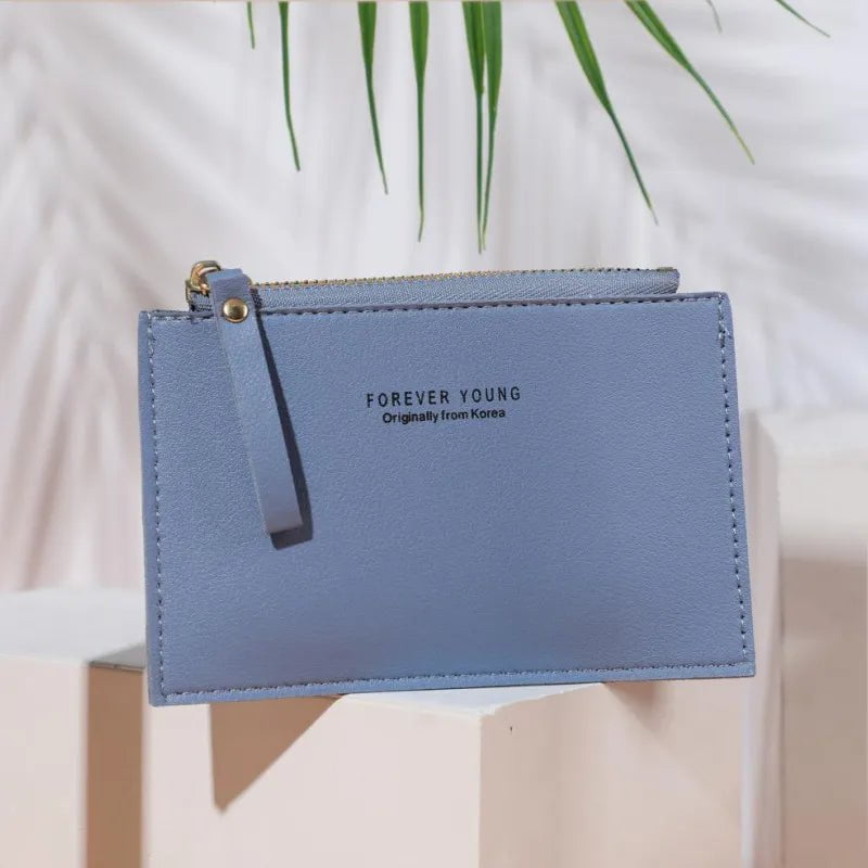 Storazone Blue Men and women ID card holder PU zipper small coin purse credit card holder solid color business card case business card holder