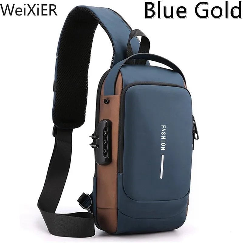 Storazone Blue Newest Men Anti Theft Chest Bag Shoulder USB Charging Crossbody Package School Short Trip Messengers Gym Men's Sling Sports Pack