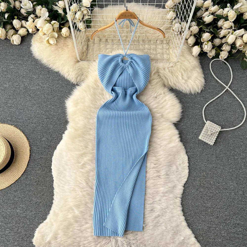 Storazone Blue / One Size YuooMuoo Chic Fashion Sexy Package Hips Split Knitted Summer Dress Women Slim Elastic Bodycon Party Dress Streetwear Outfits