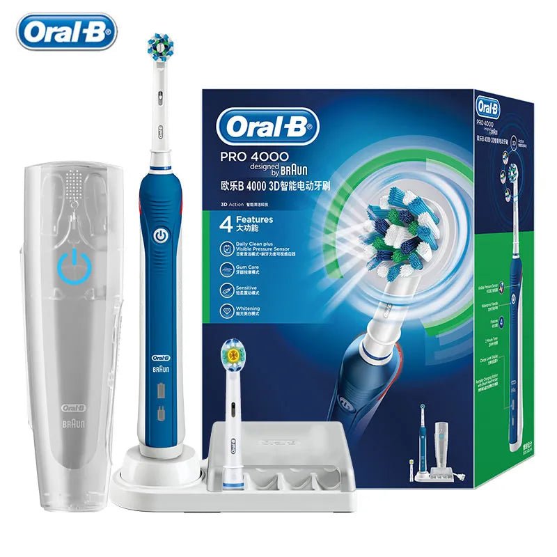 Storazone Blue Oral B Electric Toothbrush Pro 4000 3D Action Daily Clean Teeth Visible Pressure Sensor 4 Modes Gum Cares Waterproof Rechargeabl